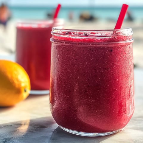 Tall glass full of bright red juice with a lemon on the side.