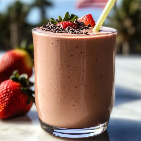 Glass full of chocolate smoothie, topped with strawberries.