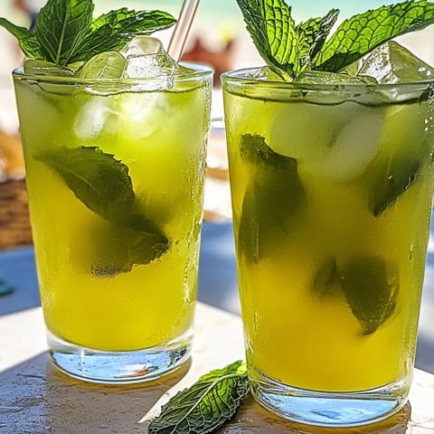 Glasses filled with green tea and a bunch of mint leaves.