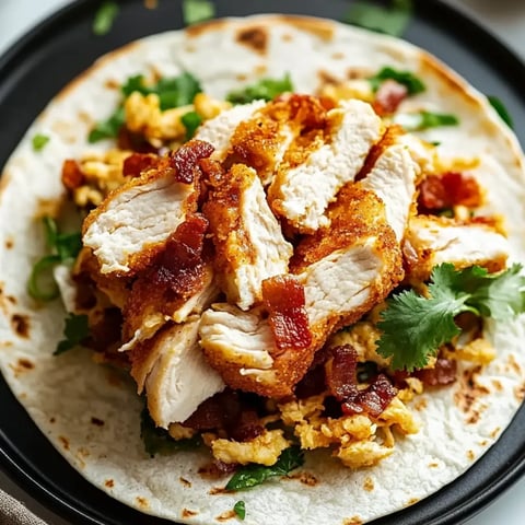 Chicken and bacon all layered up on a tortilla.