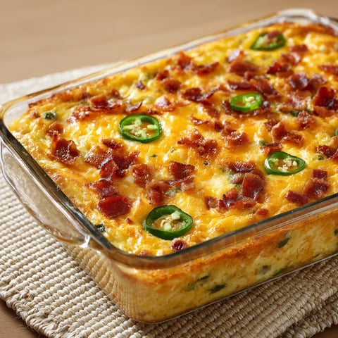 This dish is packed with peppers and strips of bacon on top.