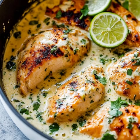 Bowl with chicken, lime wedges, and cilantro piled on top.