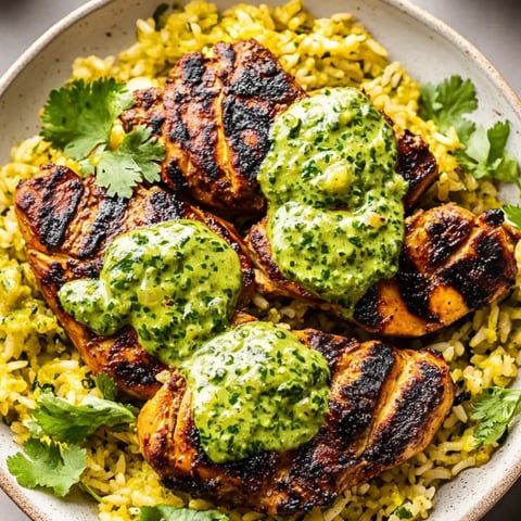 Dish piled high with juicy chicken, golden rice, and a bold puddle of green sauce.