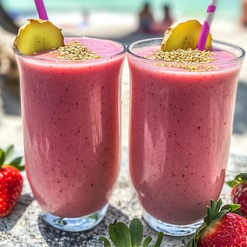 A pair of glasses filled with pink blended strawberry goodness.