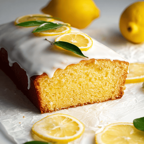 Slice of lemony cake topped with fresh lemon slices.