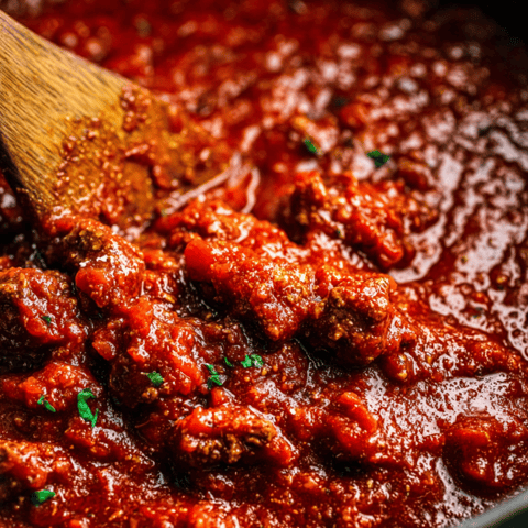 A wooden spoon dipping into chunky tomato sauce in a pot.
