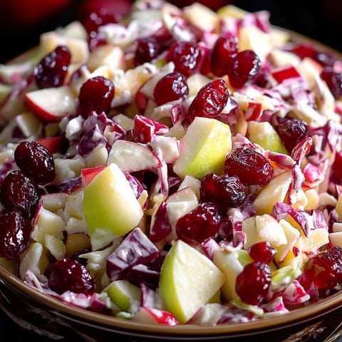 A bowl of slaw packed with cranberries and apple pieces showing through.