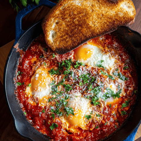 Bread resting on saucy eggs in a bowl.