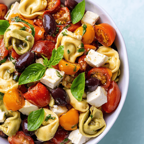 A bowl filled with pasta, olives, tomatoes, and mozzarella chunks.