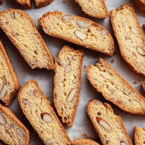 Crunchy almond bread resting on a table.
