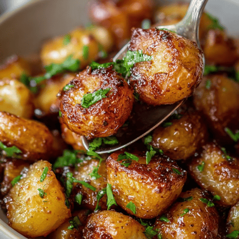 A spoon rests inside a bowl of potatoes.