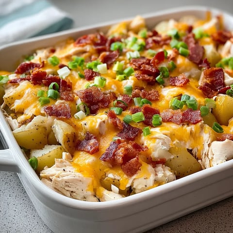 Cheesy bacon-topped casserole in a white dish.