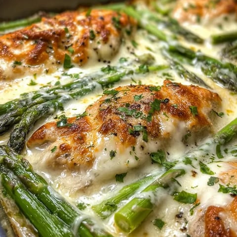 Cheesy chicken and asparagus baked together in one pan.