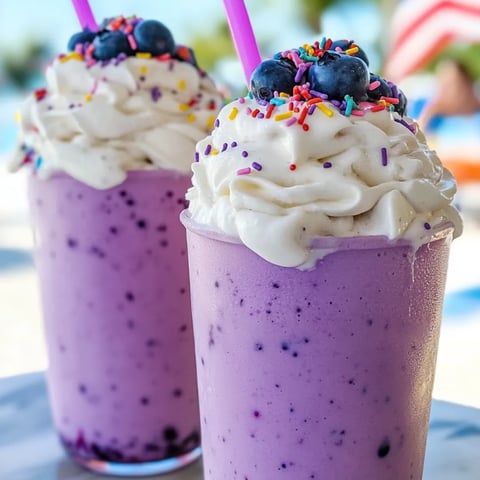 A couple of tall glasses filled up with blueberry milkshake and pink straws peeking out.