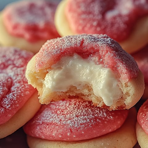 A close look at a cookie showing off fresh strawberry pieces and cheesecake cream inside.
