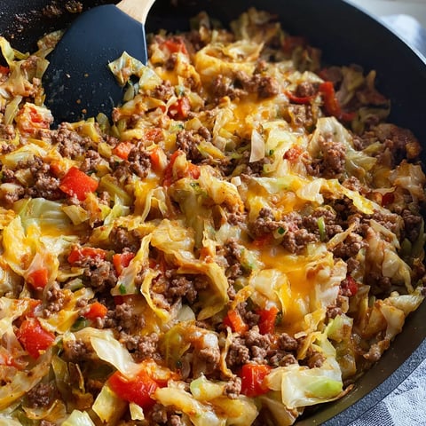 A big skillet full of hearty food and a wooden spoon ready to dig in.