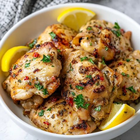 A bowl of chicken with lemon wedges.