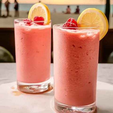Two pink drinks in glasses with lemon slices, ready to sip.
