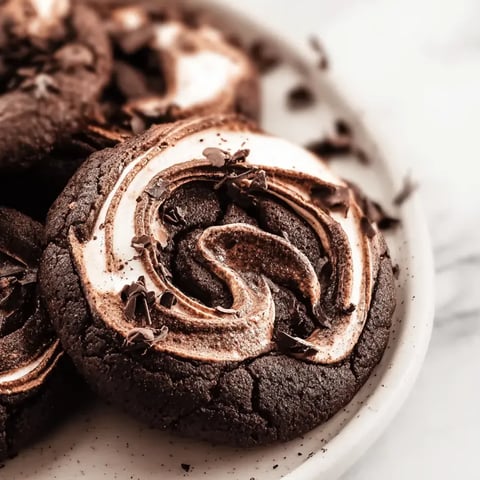 A plate stacked with cookies and marshmallow swirls.