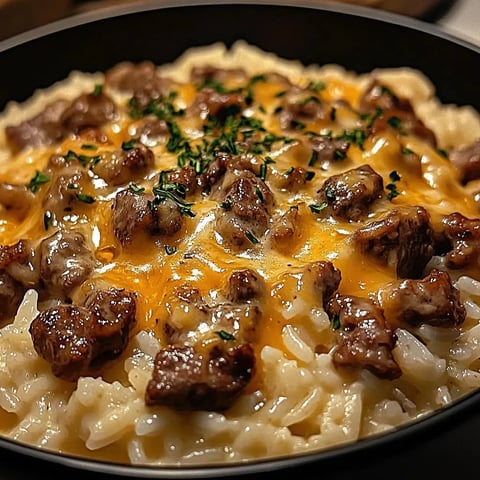 A bowl piled high with savory beef, rice, and gooey cheese.