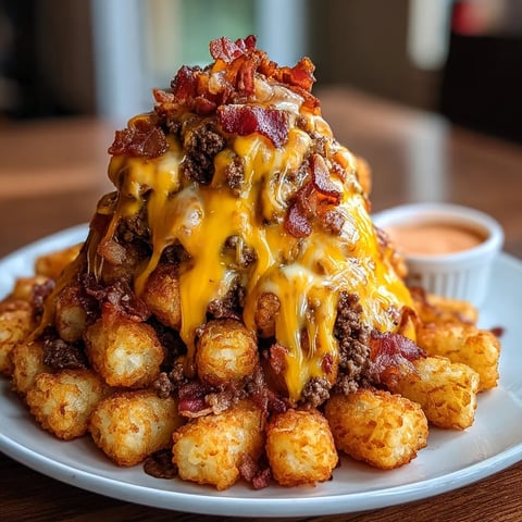 A tasty plate stacked with tater tot cones oozing cheese and topped with crispy bacon.