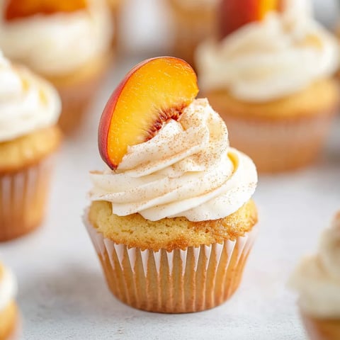 Cupcake topped with fresh peach slice and cream.