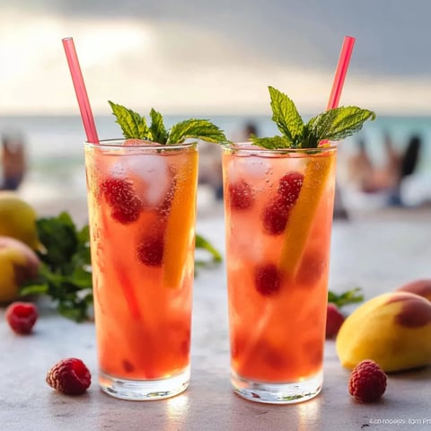 Two glasses of fruit juice with straws in them.