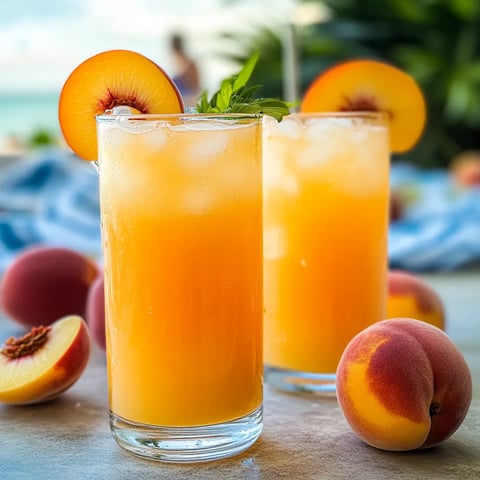A pair of peachy drinks surrounded by whole peaches on the table.