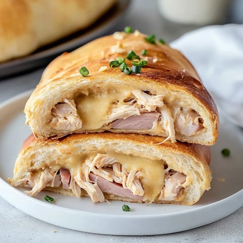 Bread roll packed with chicken and gooey cheese on a plate.