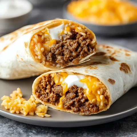 Two filled burritos topped with gooey cheese and beef on a plate.