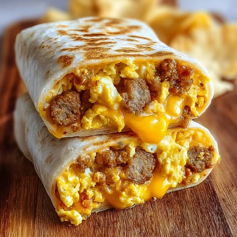 Egg and sausage breakfast burrito on a plate.