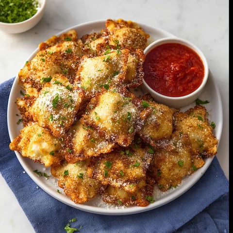 Plate stacked with crispy ravioli and a bowl of dipping sauce.