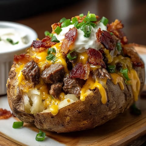 A big fluffy potato loaded with cheese and bacon close up.