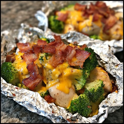 Foil meal featuring bacon and broccoli inside.