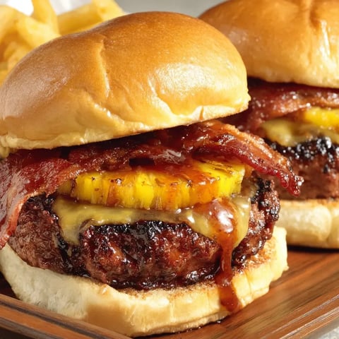 Two burgers topped with bacon and pineapple on a plate.