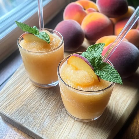 A pair of glasses filled with peach lemonade, each topped with mint leaves.