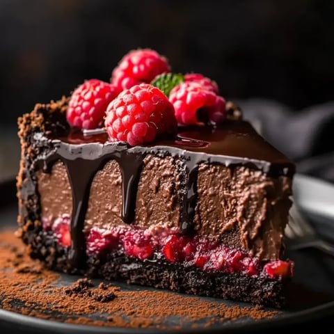 Chocolatey cheesecake slice topped with fresh raspberries.