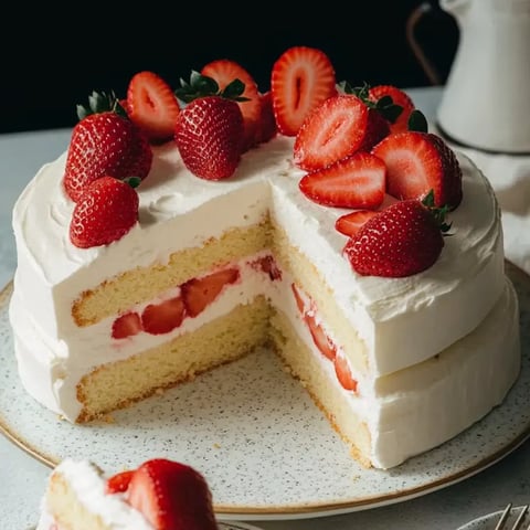 Slice of strawberry-topped cake showing soft layers.