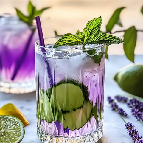 Purple drink in a glass, topped with cucumber.