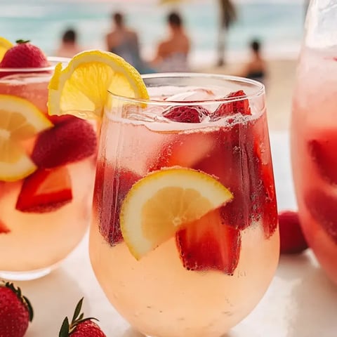 Two glasses of pink lemonade packed with strawberries.