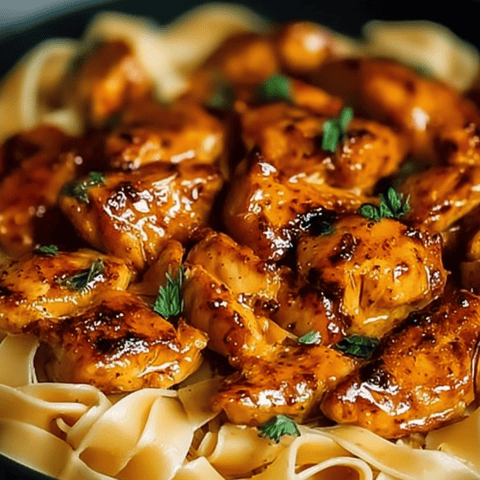 Chicken and noodles served on a plate.