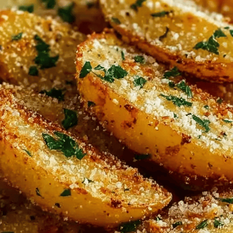 A close-up shot of a seasoned crispy potato wedge.
