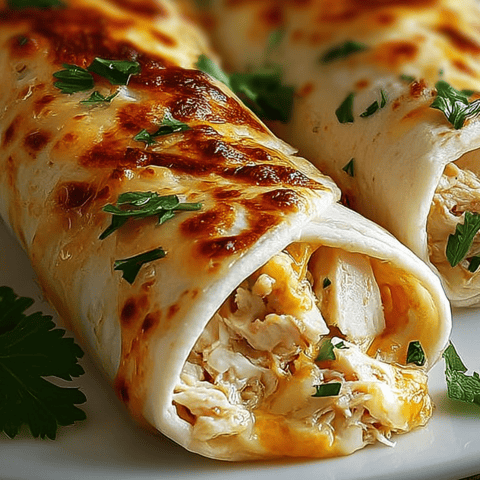 A couple of chicken wraps on a plate.