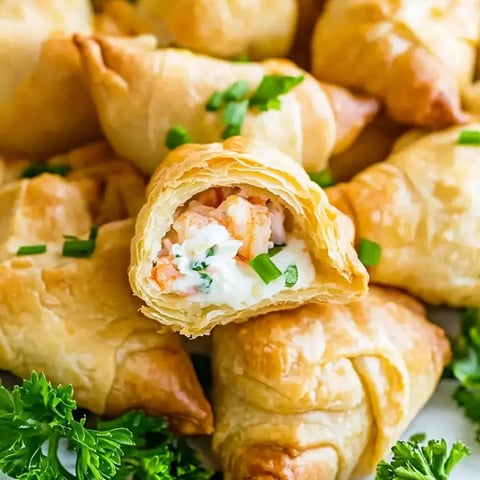 Pastry bites with crab and cream cheese on a plate with some greens.