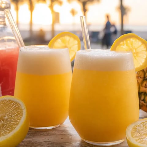 Three glasses of lemonade on a table.