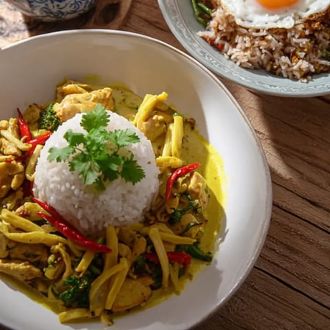 A bowl loaded with coconut-coated chicken and fluffy rice.