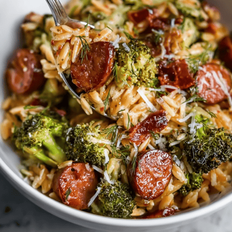 A dish of pasta with broccoli and sausage.