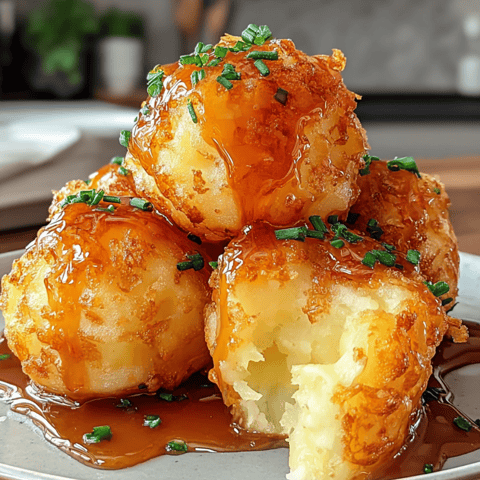 A plate of cheesy potato puffs with dipping sauce.