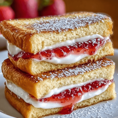 Three stacked sandwiches with powdered sugar and rich red jam.