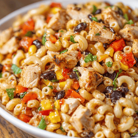 A bowl with pasta, chicken, and colorful veggies.
